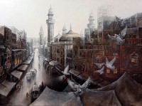 K Mehmood, 36 x 48 Inch, Acrylic and Charcoal on Canvas, Cityscape Painting, AC-KHM-005